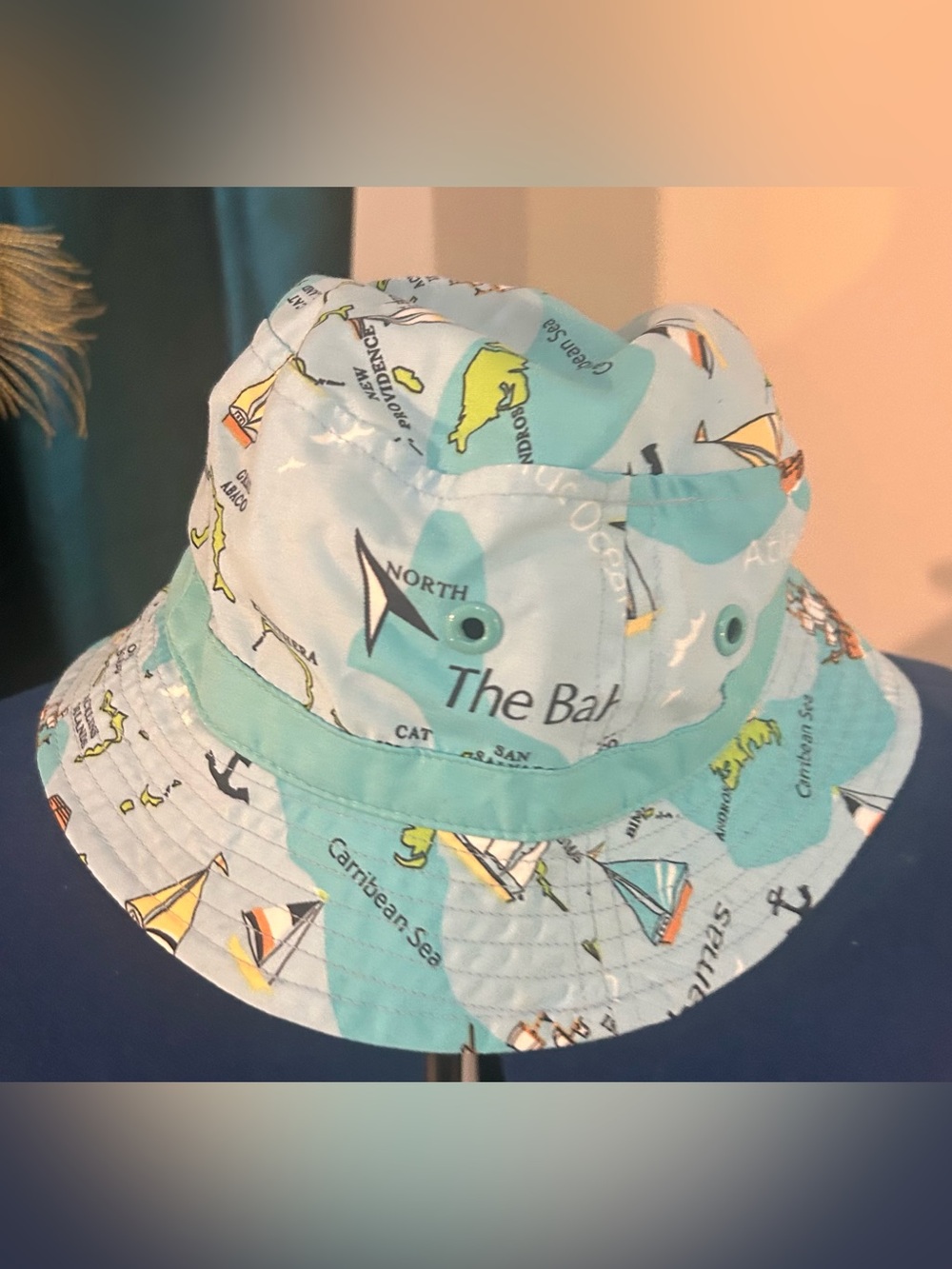 VINTAGE EARLY 2000s Kids Nautical Map Bucket Hat - Light Blue